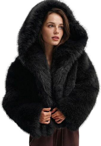 Yimoon Women's Faux Fur Coat with Hood Warm Cropped Fluffy Fur Jacket Long Sleeve Open Front Winter Jackets in Kuwait