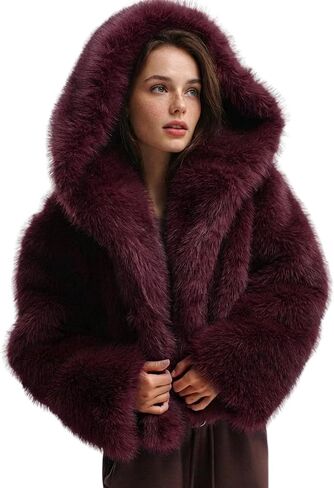 Yimoon Women's Faux Fur Coat with Hood Warm Cropped Fluffy Fur Jacket Long Sleeve Open Front Winter Jackets in Kuwait
