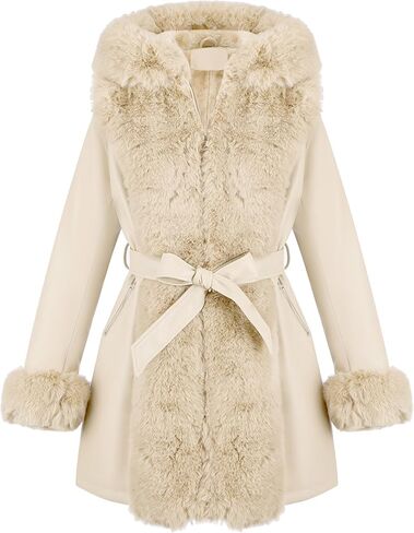 RISISSIDA Luxurious Women Winter Fur Lined Coat, Leather Jacket with Hooded Long Fur Collar, Thick Warm Heavy Overcoat Belted in Saudi Arabia