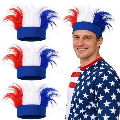3 Pcs Patriotic Hairy Headband for Adults, 4th of July Hair Accessories USA Wig Hat Red White Blue Headbands for Memorial Day Independence Day Parties Sports Events Parades Cosplay Halloween in Kuwait