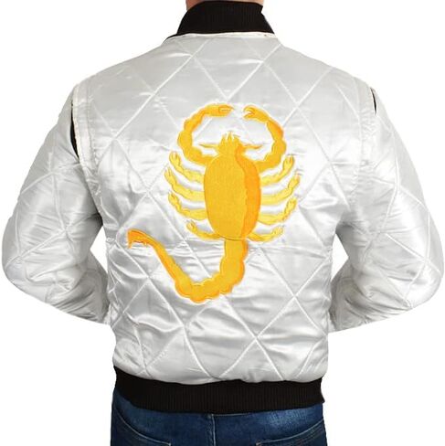 SpazeUp Mens White Quilted Satin Bomber Jacket - Reversible Scorpion Logo Letterman Varsity Jacket for Men in Saudi Arabia