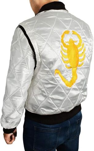 SpazeUp Mens White Quilted Satin Bomber Jacket - Reversible Scorpion Logo Letterman Varsity Jacket for Men in Kuwait