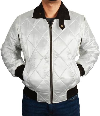 SpazeUp Mens White Quilted Satin Bomber Jacket - Reversible Scorpion Logo Letterman Varsity Jacket for Men in Kuwait