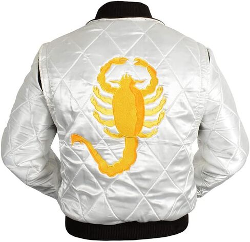 SpazeUp Mens White Quilted Satin Bomber Jacket - Reversible Scorpion Logo Letterman Varsity Jacket for Men in Kuwait