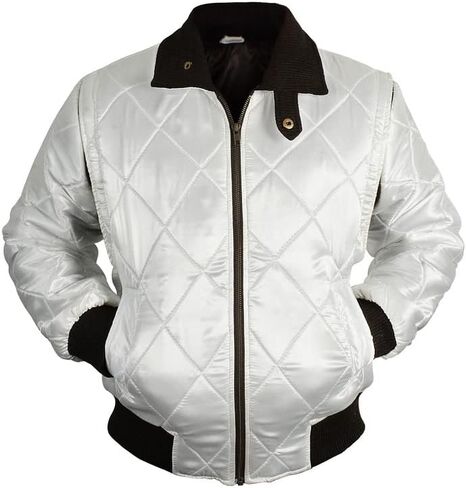 SpazeUp Mens White Quilted Satin Bomber Jacket - Reversible Scorpion Logo Letterman Varsity Jacket for Men in Kuwait
