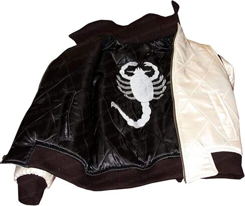 SpazeUp Mens White Quilted Satin Bomber Jacket - Reversible Scorpion Logo Letterman Varsity Jacket for Men in Kuwait