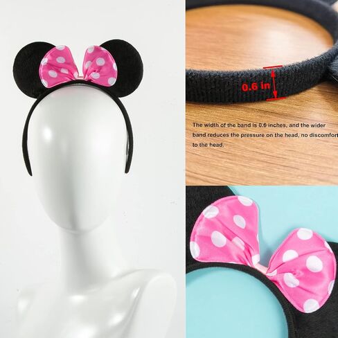 CHuangQi 20 pcs Mouse Ears Headband Solid Black Ears & Pink Bow with Polka Dots, Hair Accessories for Boys & Girls Birthday Party in Kuwait