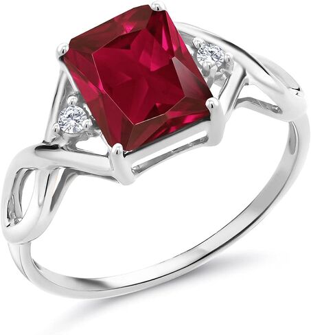 Gem Stone King 925 Sterling Silver 3-Stone Ring for Women | Gemstone Birthstone and Lab Grown Diamond | Emerald Cut 9X7MM | Wedding Anniversary Engagement Promise Ring in Kuwait
