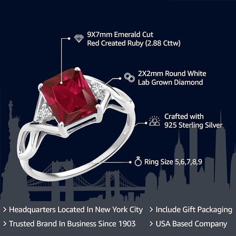 Gem Stone King 925 Sterling Silver 3-Stone Ring for Women | Gemstone Birthstone and Lab Grown Diamond | Emerald Cut 9X7MM | Wedding Anniversary Engagement Promise Ring in Kuwait