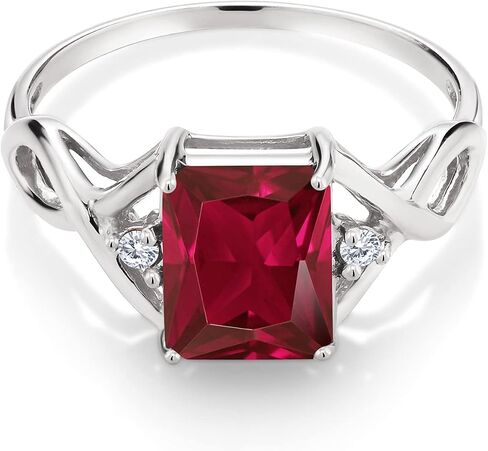 Gem Stone King 925 Sterling Silver 3-Stone Ring for Women | Gemstone Birthstone and Lab Grown Diamond | Emerald Cut 9X7MM | Wedding Anniversary Engagement Promise Ring in Kuwait