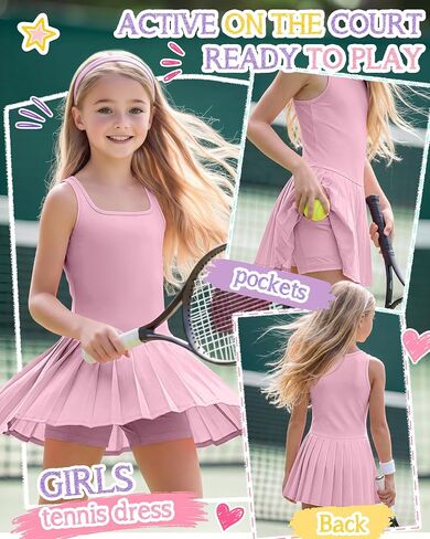 Halfchet Girls Athletic Dress Built in Bra & Shorts Tennis Dress Pleated with Pockets Sleeveless Golf Outfits 7-16 Years in Saudi Arabia