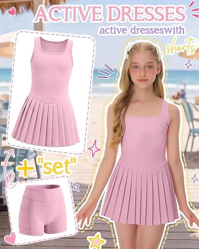 Halfchet Girls Athletic Dress Built in Bra & Shorts Tennis Dress Pleated with Pockets Sleeveless Golf Outfits 7-16 Years in Saudi Arabia