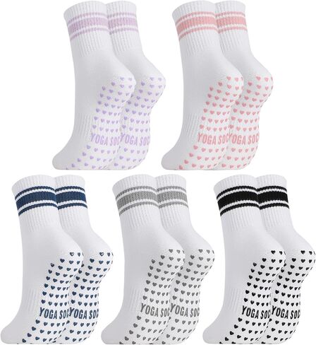 5 Pairs Cute Pilates Socks with Grips for Women Bow Stripes Non Slip Yoga Socks for Barre, Dance, Workout, Hospital in Kuwait