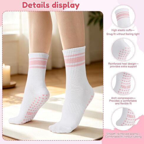 5 Pairs Cute Pilates Socks with Grips for Women Bow Stripes Non Slip Yoga Socks for Barre, Dance, Workout, Hospital in Kuwait