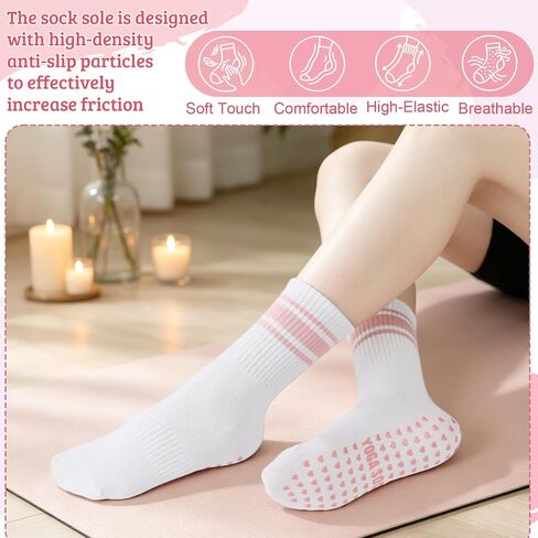 5 Pairs Cute Pilates Socks with Grips for Women Bow Stripes Non Slip Yoga Socks for Barre, Dance, Workout, Hospital in Kuwait