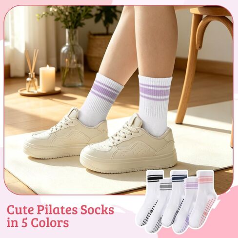 5 Pairs Cute Pilates Socks with Grips for Women Bow Stripes Non Slip Yoga Socks for Barre, Dance, Workout, Hospital in Kuwait