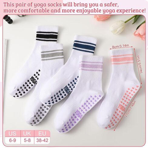 5 Pairs Cute Pilates Socks with Grips for Women Bow Stripes Non Slip Yoga Socks for Barre, Dance, Workout, Hospital in Kuwait