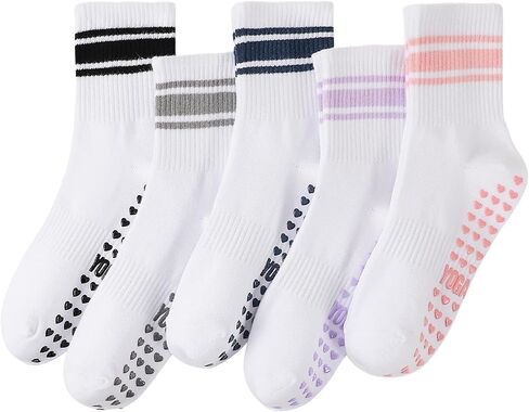 5 Pairs Cute Pilates Socks with Grips for Women Bow Stripes Non Slip Yoga Socks for Barre, Dance, Workout, Hospital in Kuwait