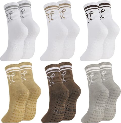 5 Pairs Cute Pilates Socks with Grips for Women Bow Stripes Non Slip Yoga Socks for Barre, Dance, Workout, Hospital in Kuwait