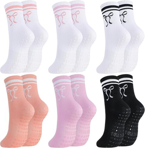 5 Pairs Cute Pilates Socks with Grips for Women Bow Stripes Non Slip Yoga Socks for Barre, Dance, Workout, Hospital in Kuwait