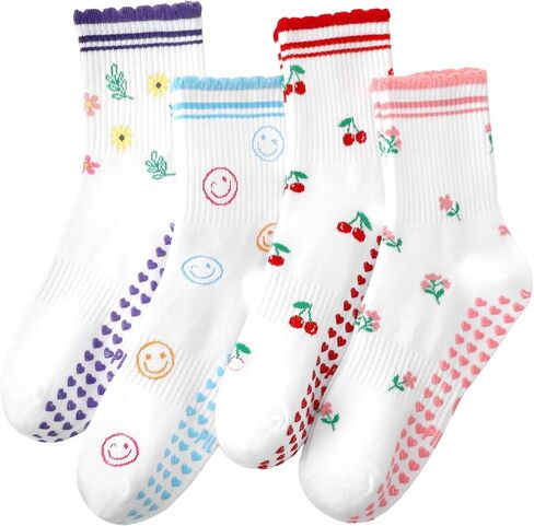4 Pairs Cute Pilates Socks for Women Ruffled Yoga Socks with Fruit Polka Dot Non-Slip Sock for Barre Sticky Slipper in Saudi Arabia