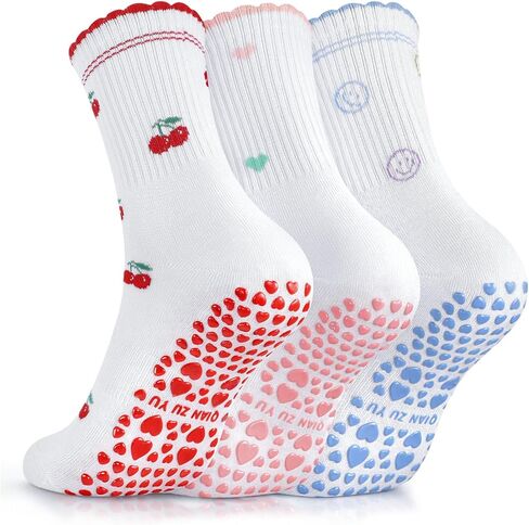 3 Pairs Cute Pilates Grip Socks for Women Yoga Grippy Socks Non Slip Athletic Crew Sock for Barre Workout Hospital in Kuwait