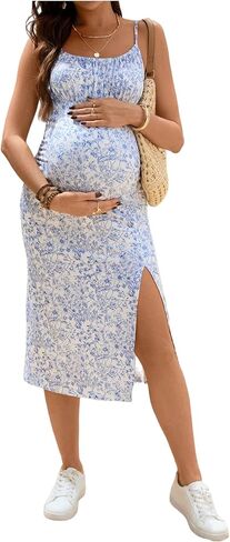 OYOANGLE Women's Floral Maternity Dress Spaghetti Strap High Slit Bodycon Midi Cami Dresses Pregnancy Clothes in Kuwait