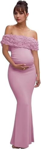 Women's Satin Maternity Dresses for Photoshoot 3D Floral Off Shoulder Baby Shower Dress Bodycon Pregnancy Gowns in Saudi Arabia