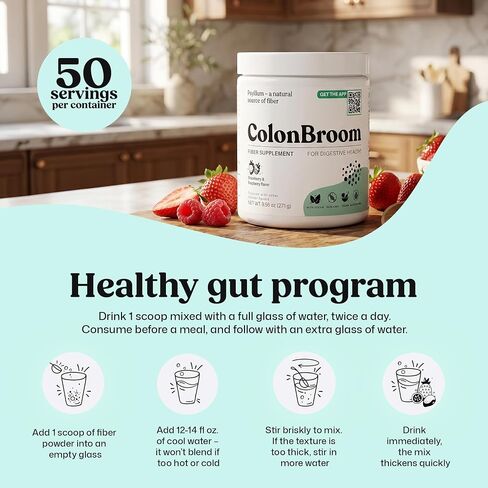 ColonBroom Psyllium Husk Powder (Strawberry & Raspberry, 50 Servings) - Colon Cleanse for Bloating Relief & Gut Health - Colon Broom Fiber Powder Drink - Vegan, Gluten Free Fiber Powder Supplement in Saudi Arabia