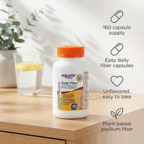 Fiber Supplement Psyllium Husk Capsules, 100% Whole Psyllium Fiber Pills, Unflavored, Gluten-Free, 160 Count in Kuwait