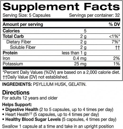Fiber Supplement Psyllium Husk Capsules, 100% Whole Psyllium Fiber Pills, Unflavored, Gluten-Free, 160 Count in Kuwait
