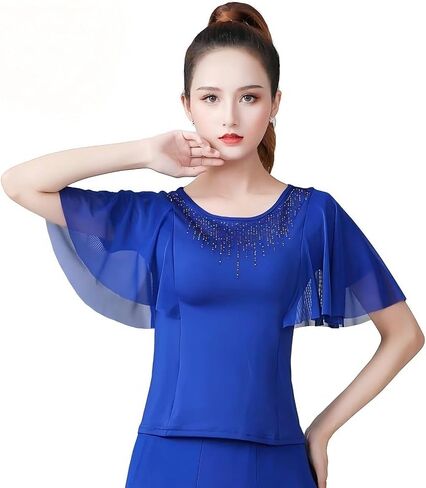 Women's Latin Dance Practice Clothing Tops Trumpet-Sleeved Short-Sleeved Ballroom Dance Modern Performance Clothing in Saudi Arabia
