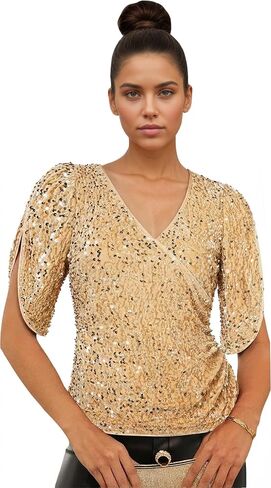 Womens Sequin Tops 3/4 Sleeve Sparkly Tops for Women V Neck Velvet Sequin Shirt Party Club in Saudi Arabia
