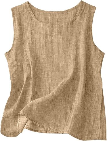 Franterd Cotton Linen Tank Tops for Women Loose Fit Summer Sleeveless Plus Size Gauze Shirts Plain Vacation Dressy Camisole in Kuwait