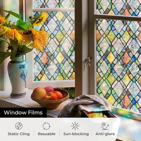 ADD.HERES Window Privacy Film, Stained Glass Decorative Static Cling, Removable Laser Sun Blocking Vinyl Covering,Window Film for Home Kitchen Living Room, Rainbow Crystal Shards, 17.3 x 78.7in in Saudi Arabia