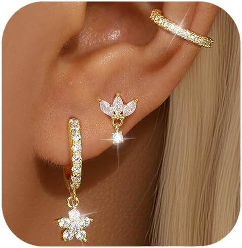 GEORGE · SMITH Hoop Earrings Set for Women, 14k Gold Plated Cubic Zirconia Leaf Stud Earrings, Solitaire Pendant Charm Earrings Jewelry for Women in Saudi Arabia