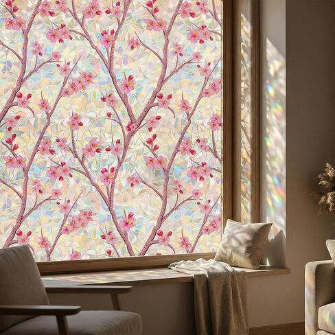 Countewol Rainbow Static Cling Window Film, Stained Glass Privacy Film with Sakura Pattern, Anti-Glare UV Protection, Removable Decorative Window Clings for Home (Rainbow Sakura, 17.5 x78.7 in) in Saudi Arabia
