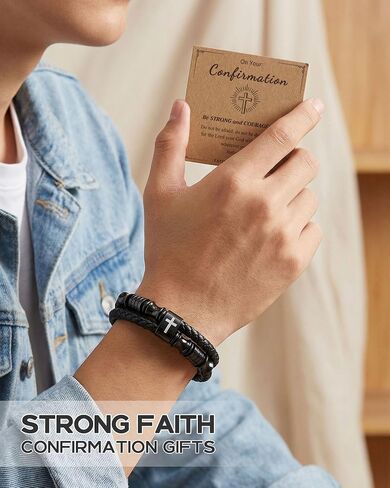 UNGENT THEM Be Strong and Courageous Confirmation Gifts Leather Cross Bracelet for for Boys Teens in Kuwait