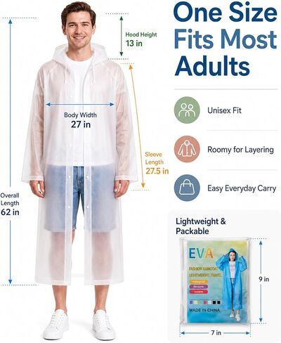 Rain Ponchos for Adults - 4 Pack Reusable EVA Waterproof Rain Jackets with Drawstring Hood and Snap Button in Saudi Arabia