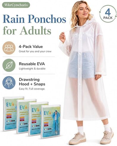Rain Ponchos for Adults - 4 Pack Reusable EVA Waterproof Rain Jackets with Drawstring Hood and Snap Button in Saudi Arabia