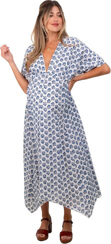 PinkBlush Navy Floral Deep V-Neck Handkerchief Hem Maternity Maxi Dress in Kuwait