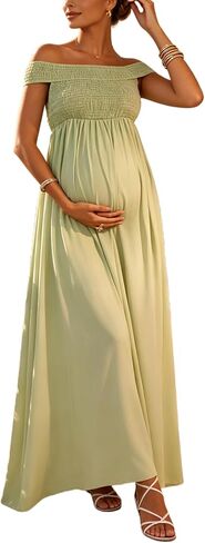 الأمومة قبالة الكتف فستان ماكسي Smocked صد Flowy الشيفون أنيقة الصيف الحمل ثوب لحفل زفاف استحمام الطفل in Kuwait