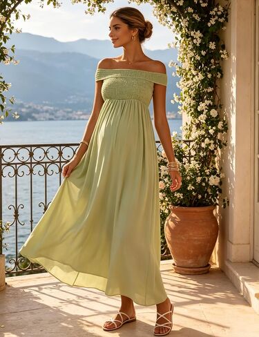 الأمومة قبالة الكتف فستان ماكسي Smocked صد Flowy الشيفون أنيقة الصيف الحمل ثوب لحفل زفاف استحمام الطفل in Kuwait
