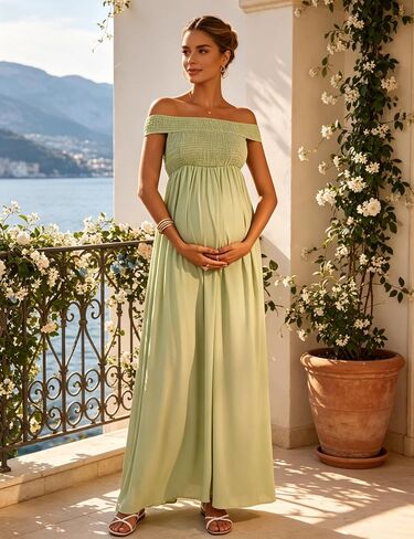 الأمومة قبالة الكتف فستان ماكسي Smocked صد Flowy الشيفون أنيقة الصيف الحمل ثوب لحفل زفاف استحمام الطفل in Kuwait