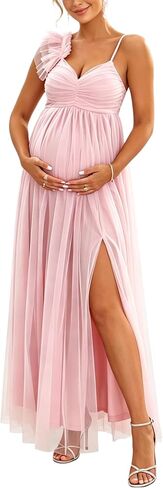 Maternity Tulle Maxi Dress Tie Spaghetti Straps Smocked Back Flowy A-Line Dress for Baby Shower in Kuwait