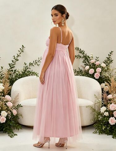 Maternity Tulle Maxi Dress Tie Spaghetti Straps Smocked Back Flowy A-Line Dress for Baby Shower in Kuwait