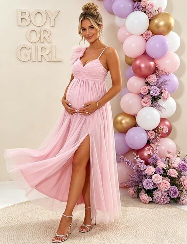 Maternity Tulle Maxi Dress Tie Spaghetti Straps Smocked Back Flowy A-Line Dress for Baby Shower in Kuwait