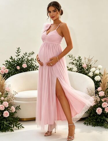 Maternity Tulle Maxi Dress Tie Spaghetti Straps Smocked Back Flowy A-Line Dress for Baby Shower in Kuwait