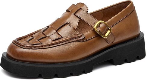 BEAU TODAY Womens Platform Chunky Loafers, Hand Woven Leather Loafers for Women, Vintage T-Strap Lug Sole Slip-on Loafers, Comfortable Casual Dress Shoes for Work School and Party in Kuwait