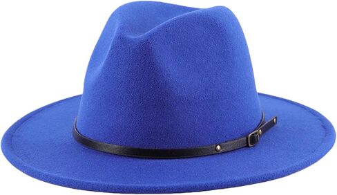 Blue Women Fedora Hat with Belt Buckle, Wide Brim Casual Panama Hat for Travel Beach Wedding, Breathable Cotton Polyester in Saudi Arabia